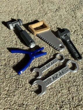 6 piece 3D printed Toy Tool Set – Blue, Silver, Gray, Tan
